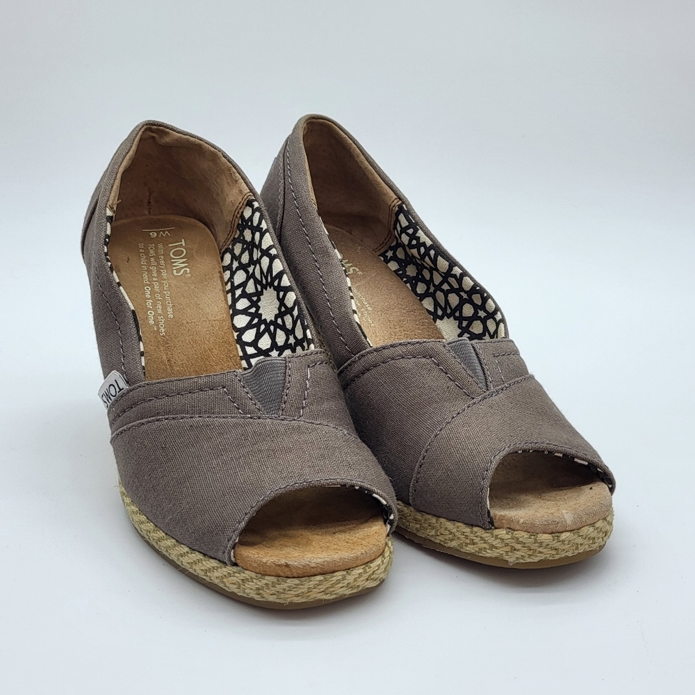 Toms Ash Grey Canvas Wedge Heel Open Toe Classic Casual Comfy Summer Sandal